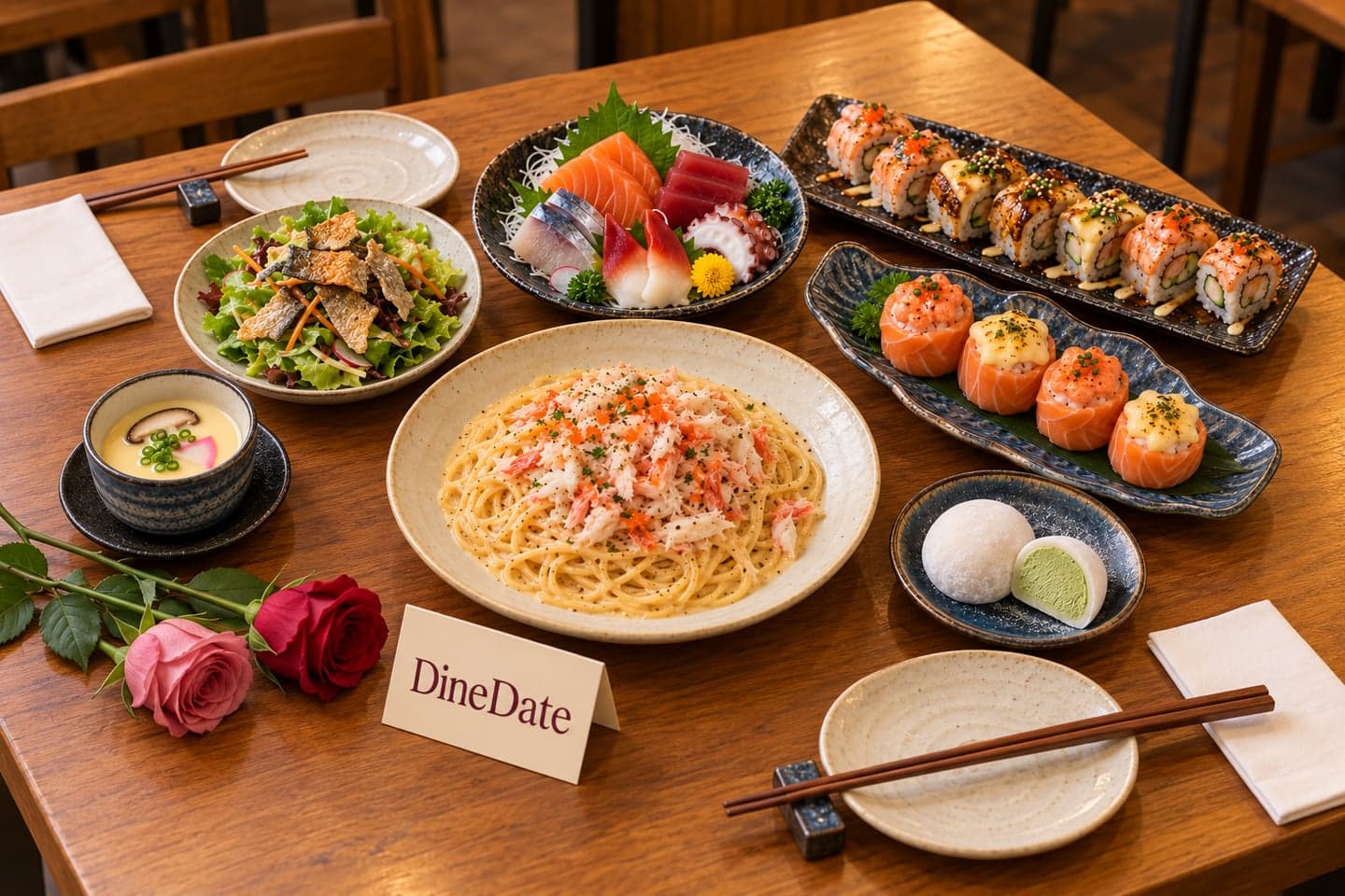 Bàn hẹn hai người dùng Set Couple 3 của Aniki với sushi Hana và mì Ý cua, trứng hấp và mochi kem