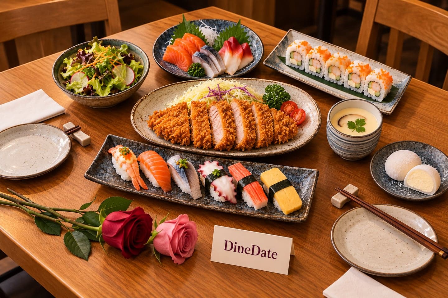 Bàn hẹn hai người dùng Set Couple 1 của Aniki với tonkatsu và nigiri, trứng hấp và mochi kem