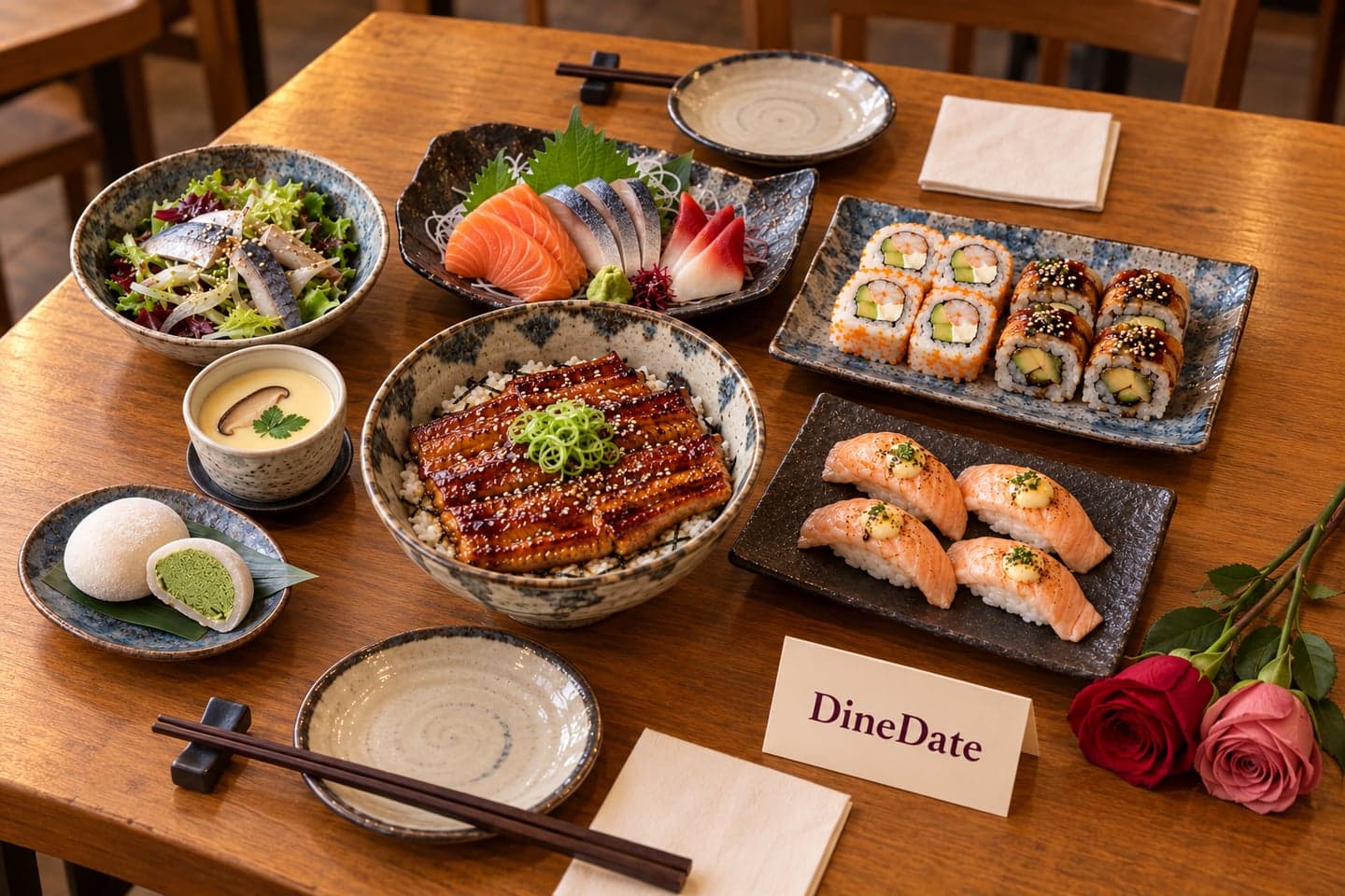 Bàn hẹn hai người dùng Set Couple 2 của Aniki với cơm lươn và sashimi, trứng hấp và mochi kem